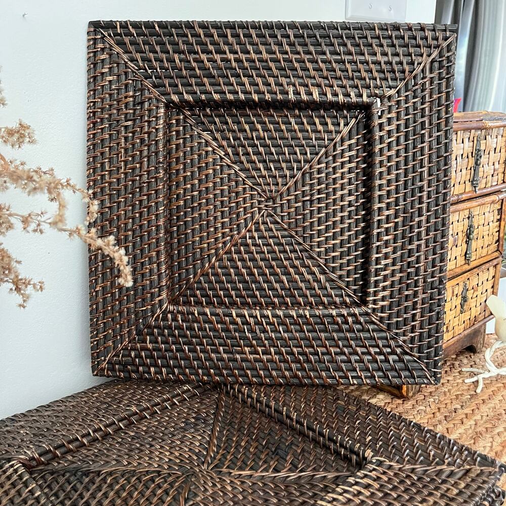 Set of 4 Square Woven Wicker 13.25" Charger Under Plate Tray Dark Brown Rattan